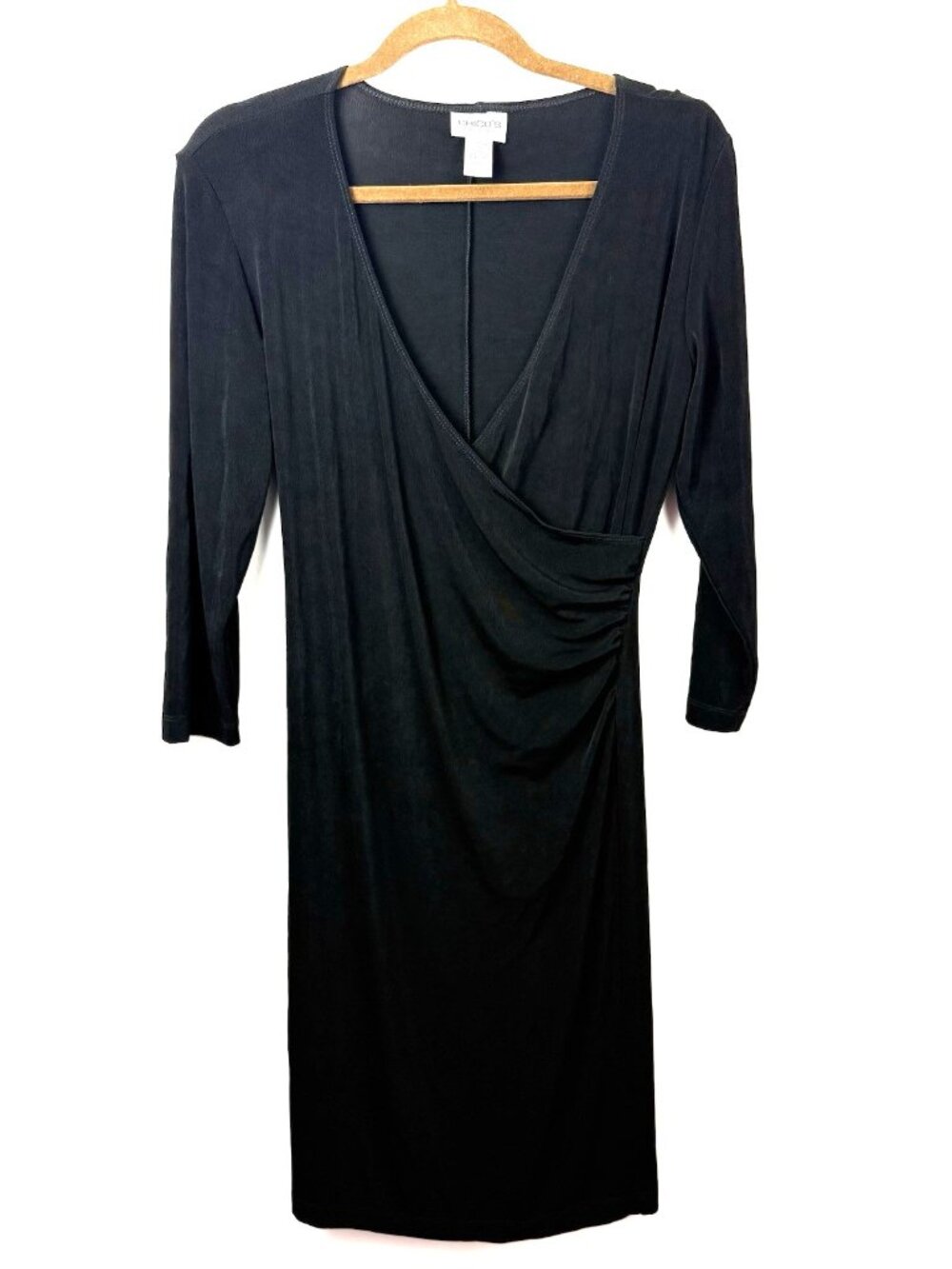 Chicos Travelers Black half Sleeve Faux Wrap Ruched Dress Slinky Knit Size 1